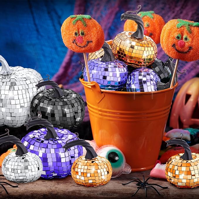 Lenwen 12 Pcs Artificial Disco Pumpkin Glitter Mirror Pumpkin - Image 3