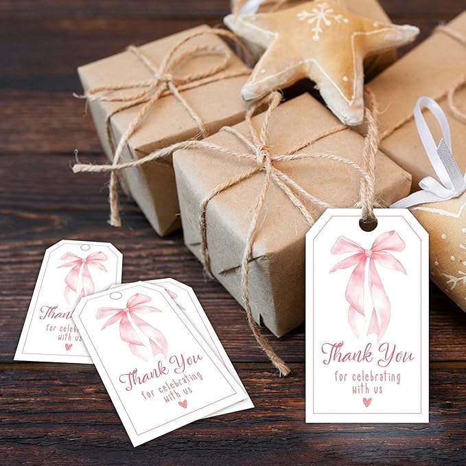 Thank You Label with String, 2x3.5 Inch Pink Bow Gift Tags, Thank You - Image 6