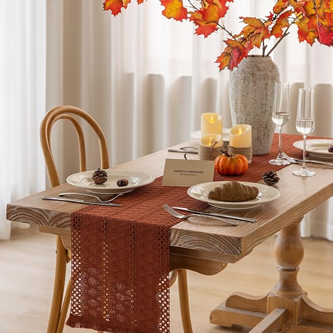 Boho Rust Table Runner for Home Decor 12x72 Inches Farmhouse Macrame Burlap - Image 5