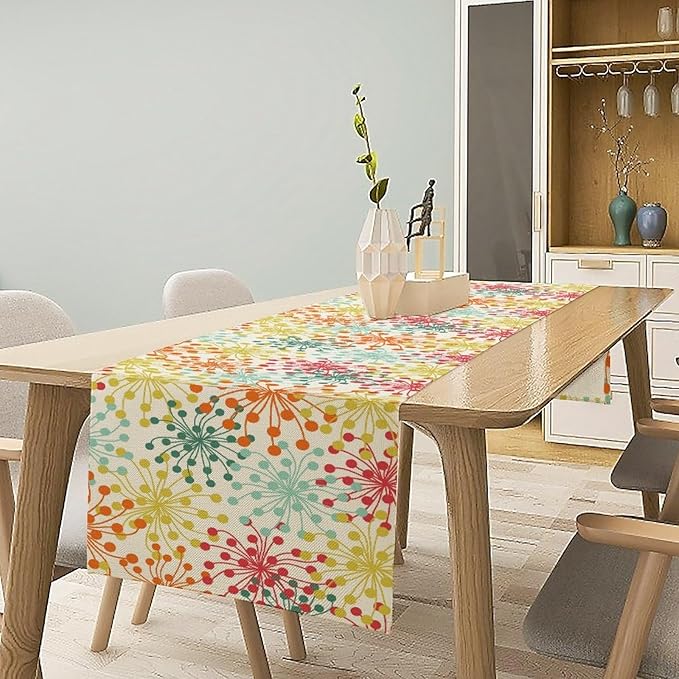 Mid Century Flower Table Runner, Colorful Geometric Abstract Chrysanthemum - Image 4