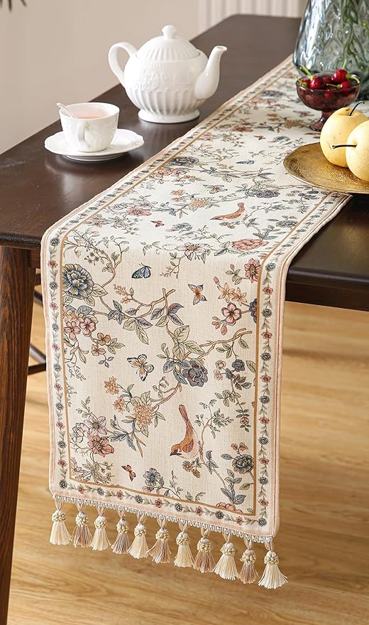 ISAENNE Designer Linen Table Runner 102 Inches Long, Elegant Floral Bird - Image 8