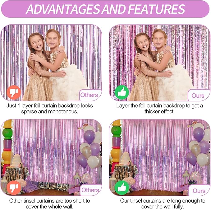 Crosize 2 Pack 3.3 x 9.9 ft Laser Pink Foil Fringe Backdrop Curtain, Streamer - Image 3