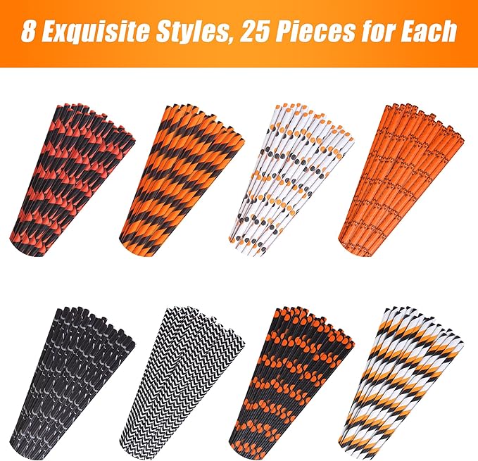 Cooraby 200 Pieces Halloween Paper Straws Pumpkin Bat Spider Web Pattern Straws - Image 4