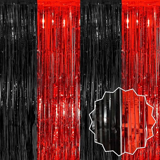 6 Pack Black and Red Foil Fringe Curtains Backdrop, 3.28 x 8.2 Ft Metallic by LANTIANCHEN