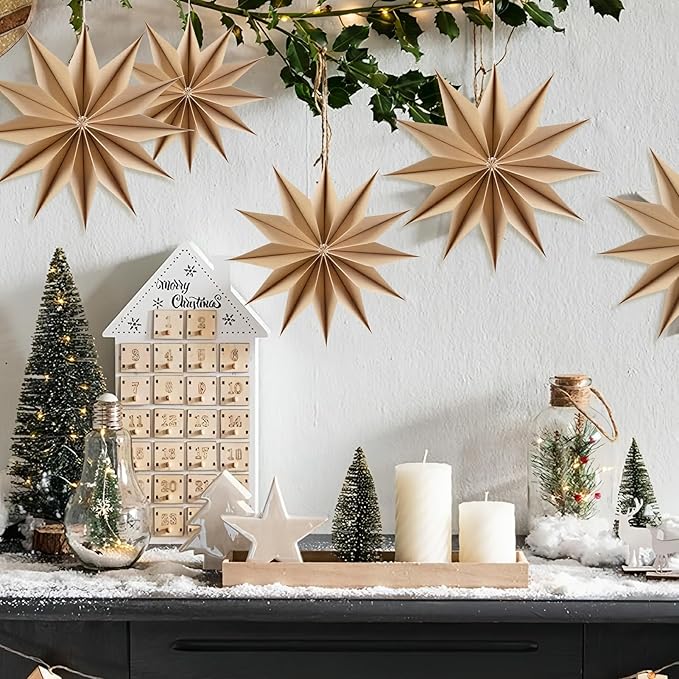 5 Pcs 12-Pointed Brown Paper Star Lanterns 12 Inch Hanging Lamp Rustic Paper - Image 5
