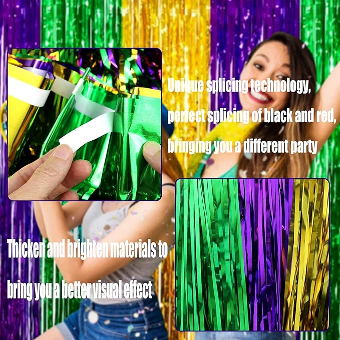 4 Pack Mardi Gras Foil Fringe Curtain Backdrop, 3.28Ft x 8.2Ft Gold Green - Image 3