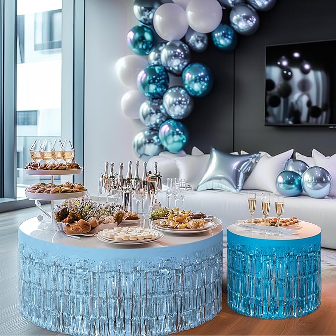 2 Pack Light Blue Lake Blue Table Skirts, 29x108" Metallic Foil Tinsel Fringe - Image 9