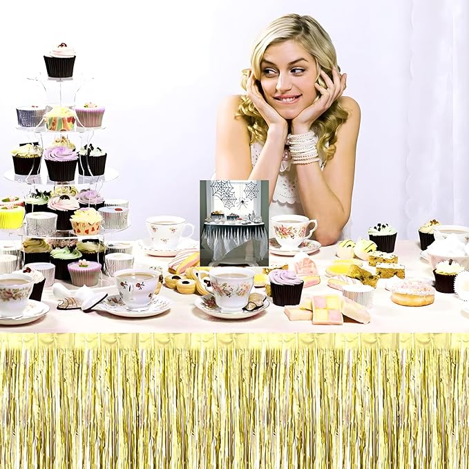 3 Pack 29x108 Inch Light Gold Foil Fringe Table Skirts Metallic Banner - Image 6