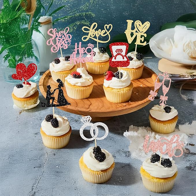 Ephlyn 30Pcs He Asked She Said Yes Cupcake Toppers Glitter Engagement Cupcake - Image 4