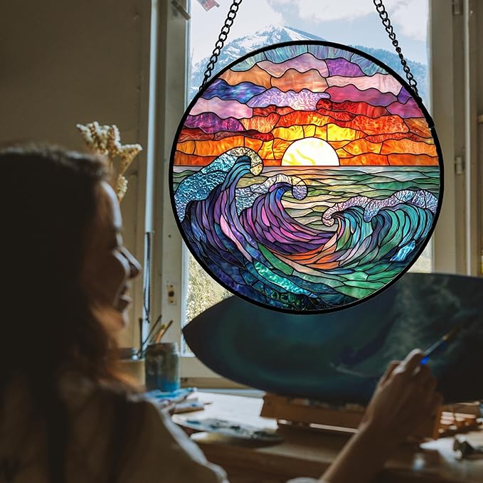 Stained Glass Window Hanging, Clouds and Sea Waves Suncatcher Diamond Glass - Image 2