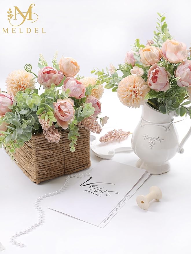 Meldel 3Pcs Peony Bouquet Light Pink Champagne Rose Artificial Flowers - Image 8
