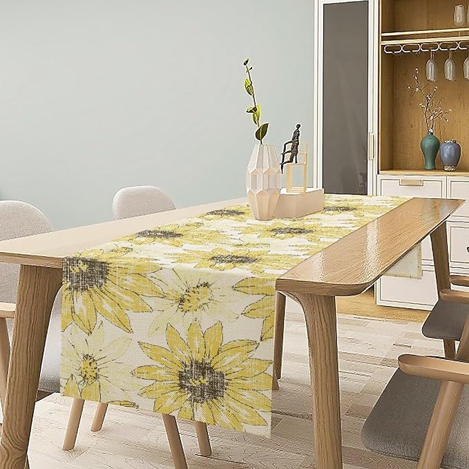 Chrysanthemum Vintage Floral Table Runner, Elegant Grunge Gray Sunflower Spring - Image 4