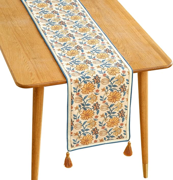 ISAENNE Designer Bohemian Elegant Linen Table Runner 102 Inches Long, Floral by Isaennehomedecoration
