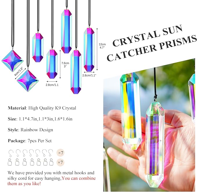 HDCRYSTALGIFTS Set 7 Crystal Sun Catcher Prisms, AB Colored Suncatcher Crystals - Image 2