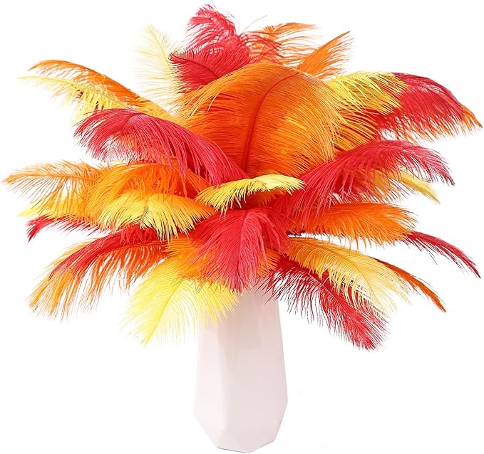 THARAHT Red Orange Yellow Ostrich Feathers 24pcs Natural Bulk 8-10Inch 20cm-25cm by THARAHT