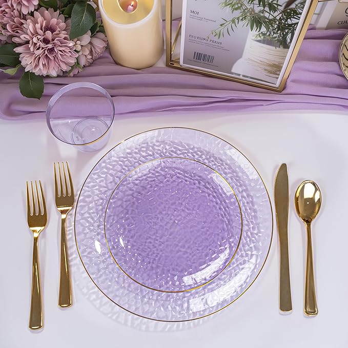 Rubtlamp 350 Pcs Clear Purple Plastic Plates, Hammered Party Plates Set - Image 5