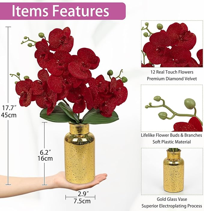 Red Orchids Artificial Flowers Faux Orchid Arrangement - Image 2