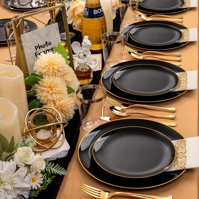 Supernal 350pcs Black & Gold Plastic Dinnerware Set, Elegant Black Plates - Image 7