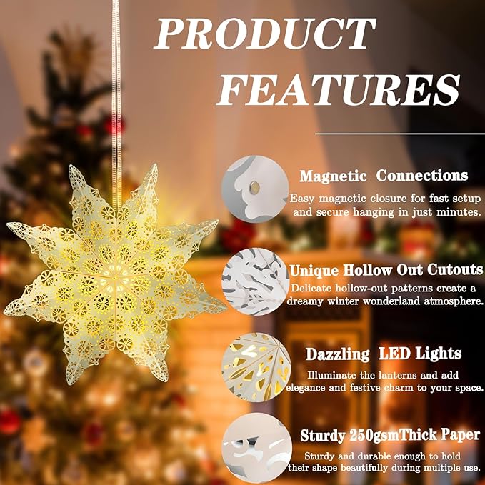 5Pcs Christmas Paper Snowflake Lanterns, Large Christmas Paper Star Lanterns - Image 4