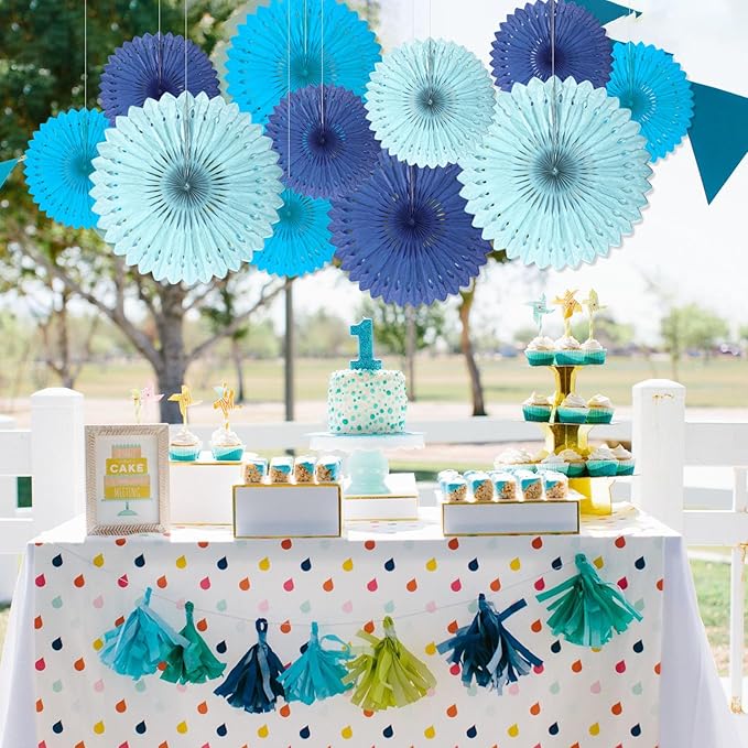 18 Pcs Blue Set Hanging Paper Fan, Hanging Honeycomb Round Paper Fans - Image 5