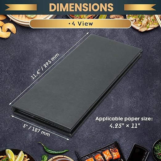 12 Pack 4 View Menu Holder Menu Covers 4.25" x 11" | Black Leather Menu Sleeves - Image 2