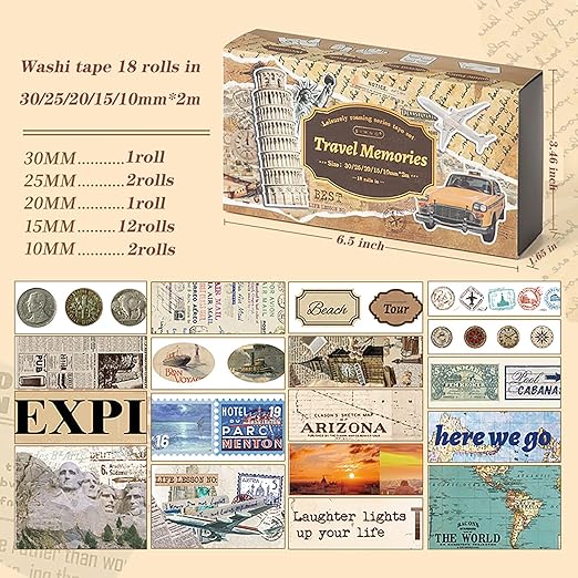 18 Rolls Travel Washi Tape Set journaling Tape - Image 4