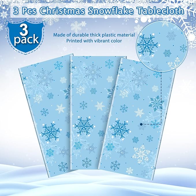 3 Pieces Snowflake Christmas Tablecloth, Plastic Ice Blue and White Winter - Image 3