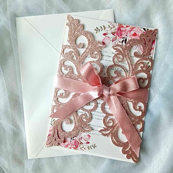 25PCS Rose Gold Laser Cut Wedding Invitations Cards - Image 4