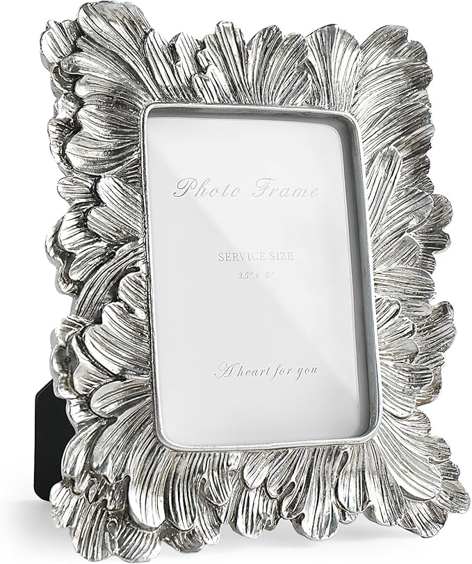 Silver 3x5 Picture Frame, Vintage Silver Palm Leaves Textured Hand-Crafted Resin by Cuspin