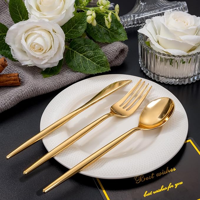 SUT 600 Pcs Gold Plastic Silverware, Heavy Duty Cutlery Set, Disposable - Image 2