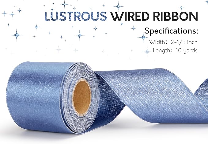 Dusty Blue Satin Wired Ribbon 2-1/2 Inch Double-Faced Sliver Glitter Christmas - Image 3