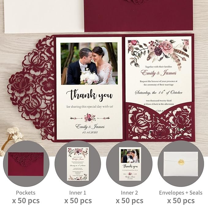 DORIS HOME 50pcs Laser Cut Wedding Invitations - Image 4