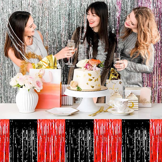 3 Pack 29 x108 Inch Black and Red Foil Fringe Table Skirts Metallic Banner - Image 5