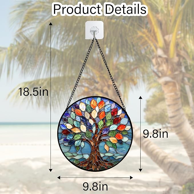 Stained Glass Window Hanging, Colorful Tree of Life Sun Catchers Glass Panel - Image 5