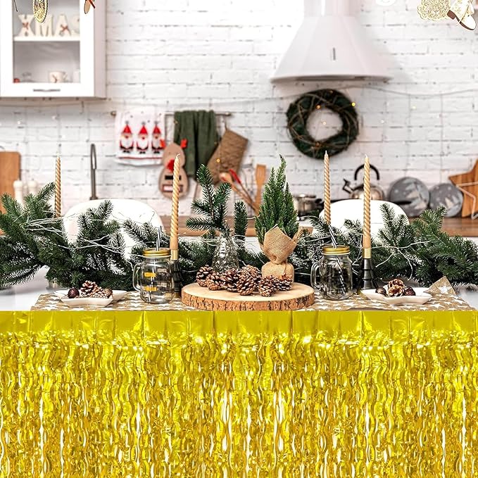4P Wavy Metallic Tinsel Foil Fringe Table Skirts - Image 4