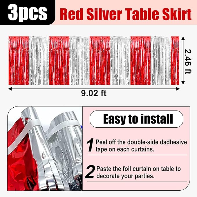 3 Pack 29x108 Inch Red Silver Foil Fringe Table Skirts Metallic Banner - Image 2