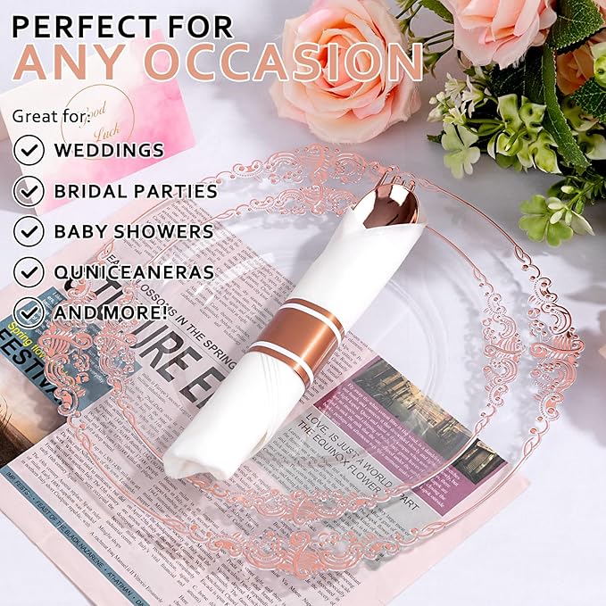50Guests Pre Rolled Rose Gold Plastic Silverware Sets - Image 8