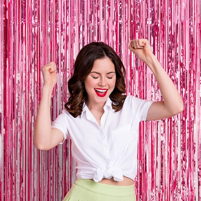 2 Pack Pink Tinsel Foil Fringe Curtains, Metallic Tinsel Party Streamers - Image 7