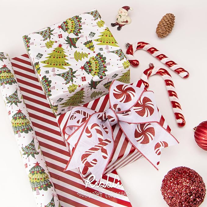 Ribbli Christmas Wrapping Paper Reversible Christmas Tree and Red White Stripe - Image 4