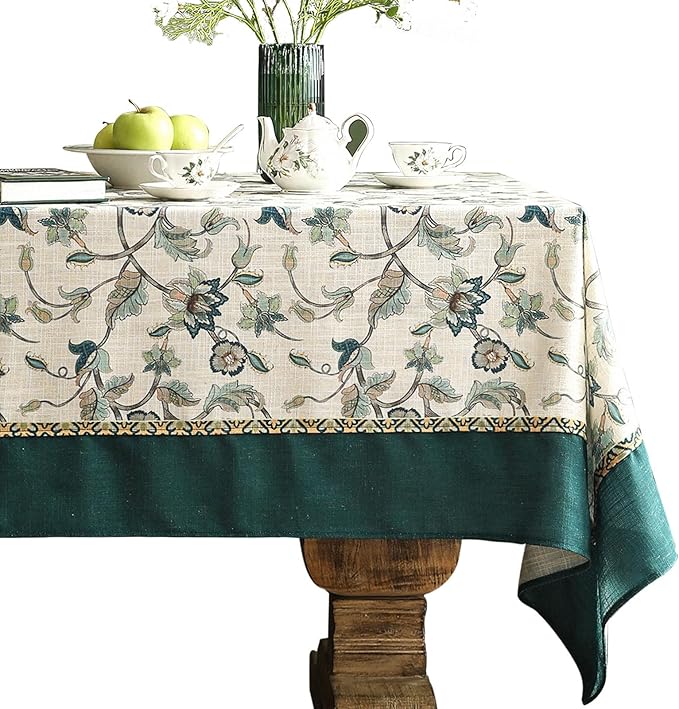 patdrea Designer Green Linen Extra Long Rectangle Tablecloth, Vintage Floral by Welcometopatdrea
