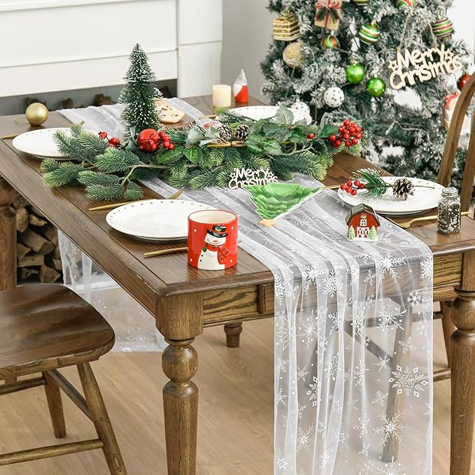 Artoid Mode Silver Snowflakes Christmas Gauze Table Runner 120 Inch 10FT - Image 5
