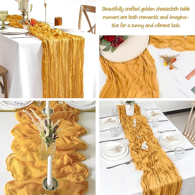 3 Pack Gold Cheesecloth Table Runner Fall Thanksgiving 35x120 Inch Yellow - Image 4
