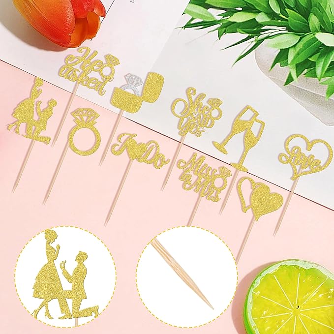 30 PCS He Asked She Said Yes Cupcake Toppers Glitter Engagement Cupcake Toppers - Image 3