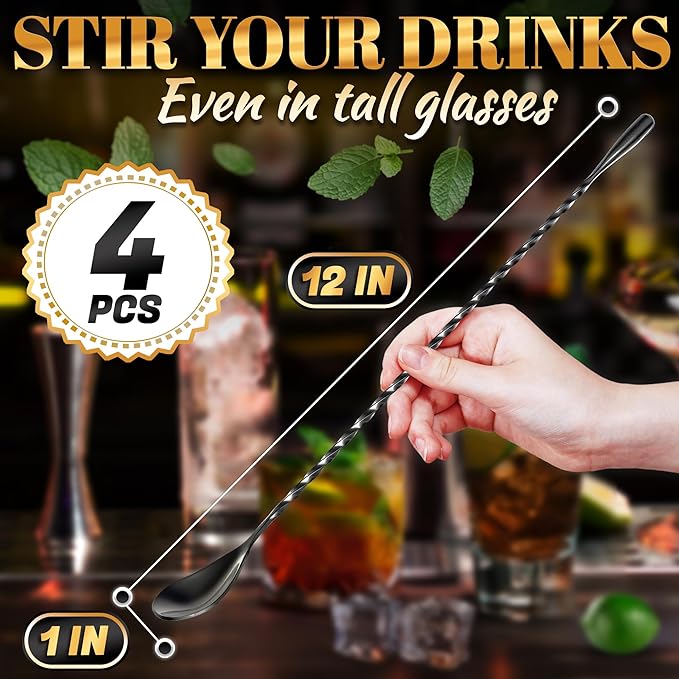 4 Pcs Bar Spoon Cocktail Mixing Spoon Set – 12" Stainless Steel - Image 2