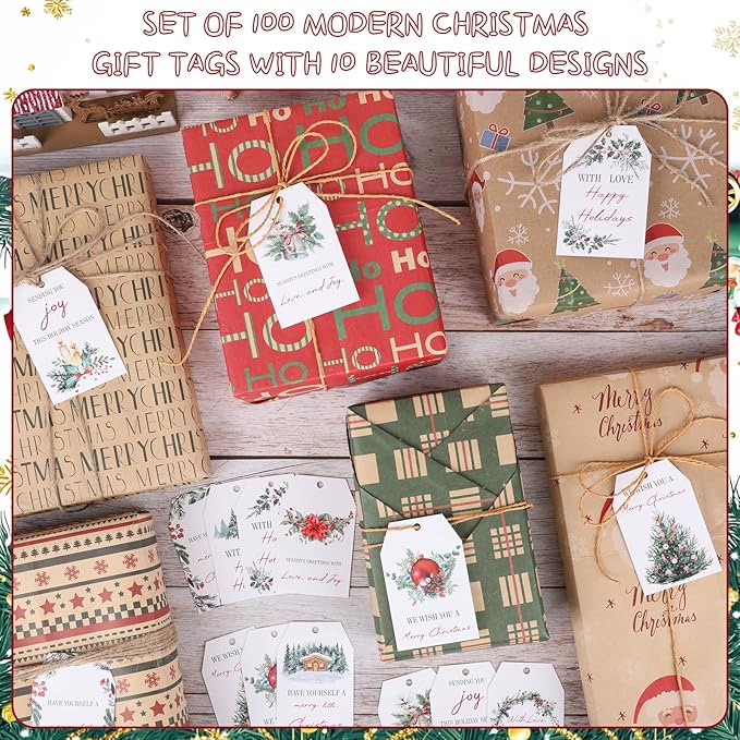 100PCS Christmas Gift Tags 10 Styles Watercolor Christmas Tree Pinecone Tags - Image 4
