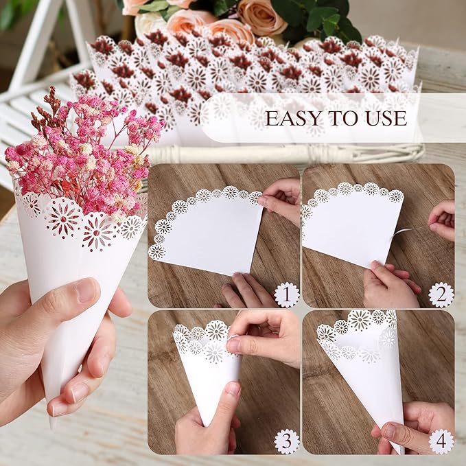 Yinsun 60pcs Wedding Confetti Cones White Hollow Paper Cone, Flower Pattern - Image 3