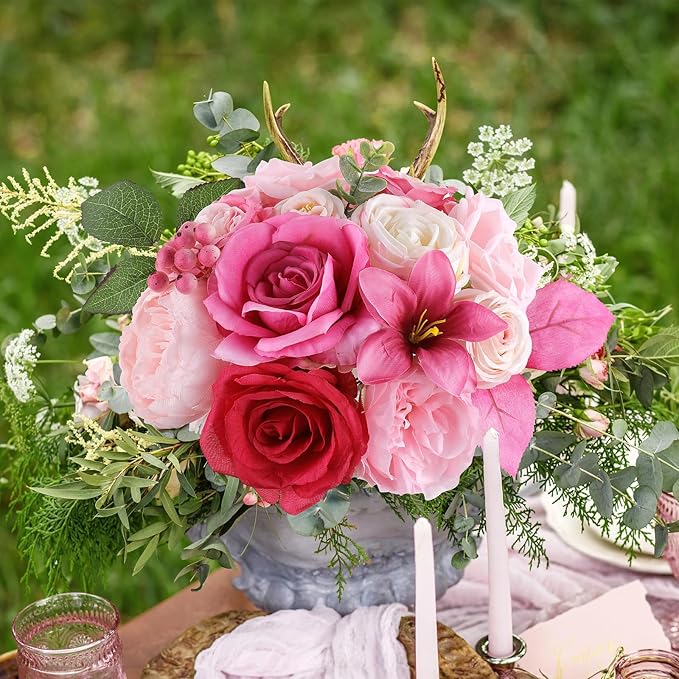 AmyHomie Fuchsia Pink Artificial Flowers Combo Silk Mix Peony Rose Fake Flowers - Image 3