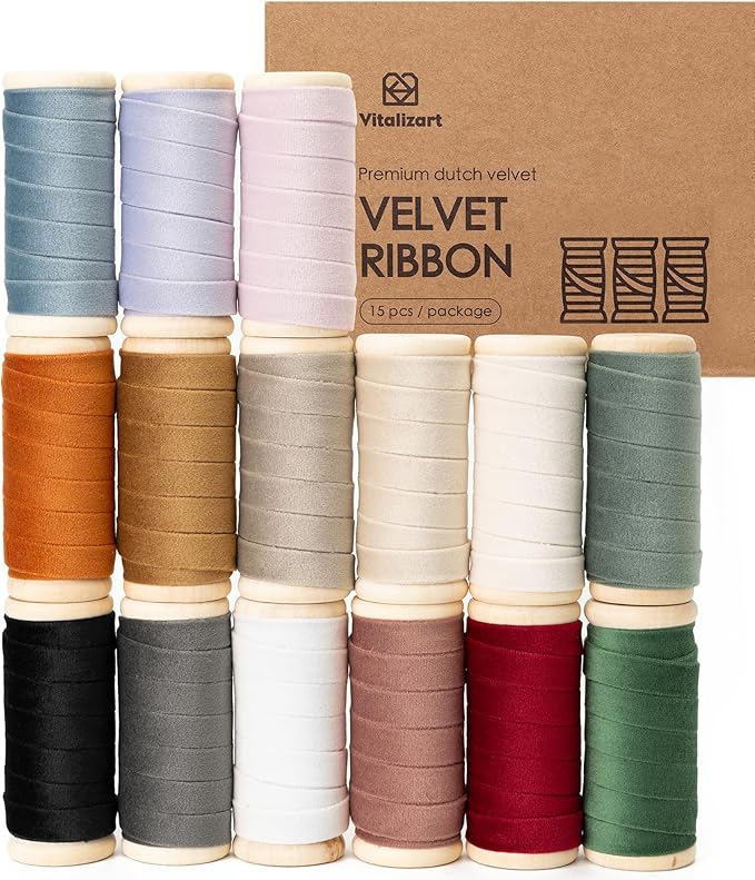Vitalizart Velvet Ribbon Set 3/8" x 75 Yd Wooden Spool Fabric Trim 15 Rolls * 5 by Vitalizart