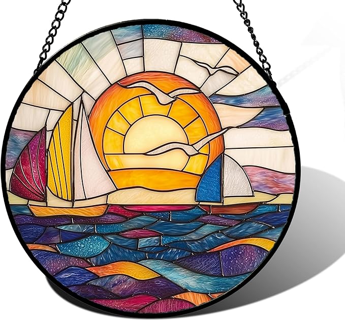 Stained Glass Window Hanging, Sailboat and Waves Suncatcher Diamond Glass Panel by DASTOLL