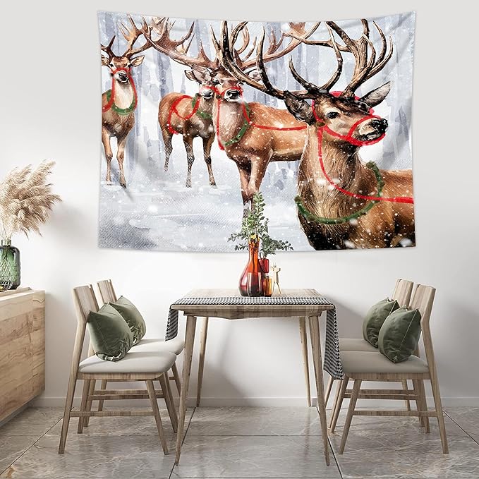 QGHOT Winter Tapestry Wall Hanging Winter Forest Backdrop Christmas Snowy Deer - Image 2